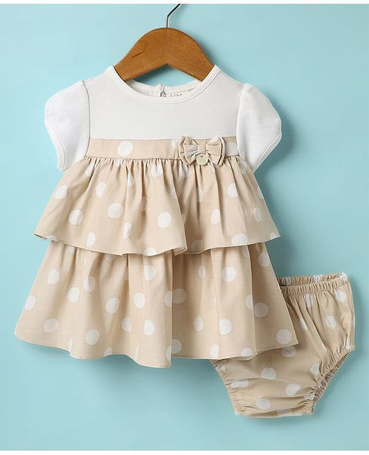 ToffyHouse  Half Sleeves  Frock With Bow Applique & Bloomer - Beige & White