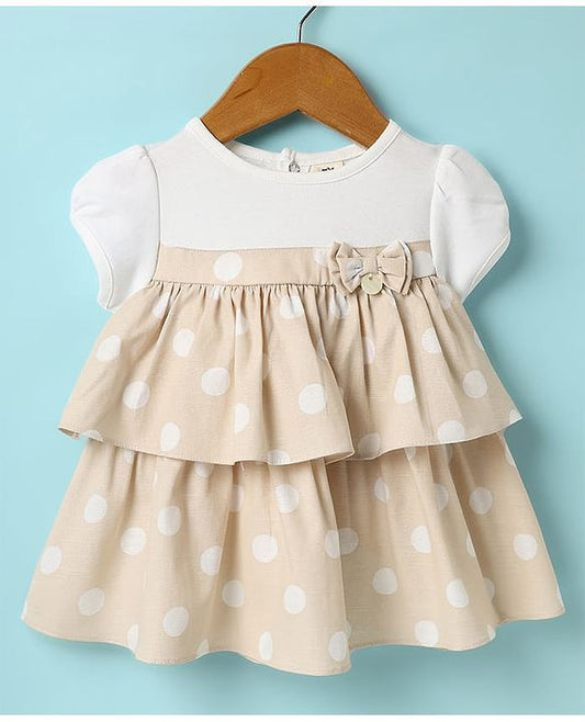 ToffyHouse  Half Sleeves  Frock With Bow Applique & Bloomer - Beige & White
