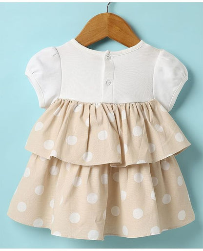 ToffyHouse  Half Sleeves  Frock With Bow Applique & Bloomer - Beige & White