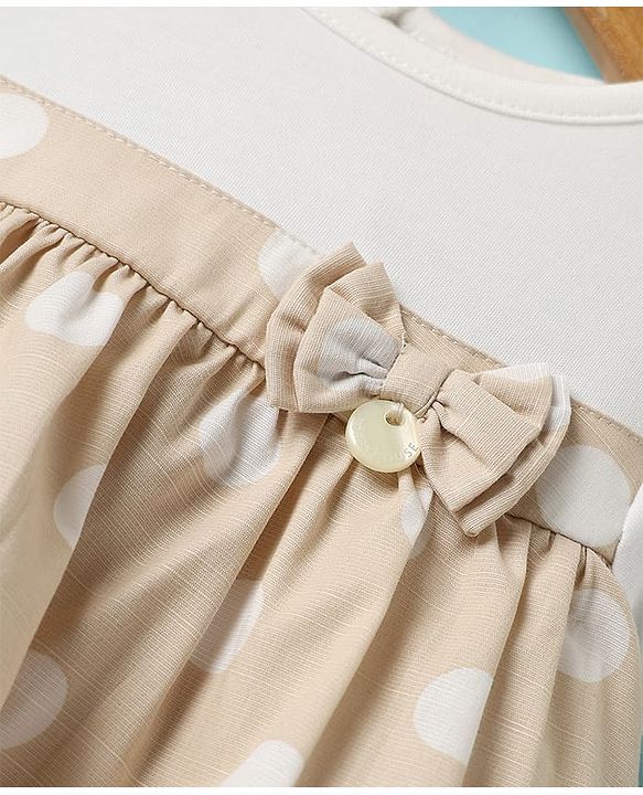 ToffyHouse  Half Sleeves  Frock With Bow Applique & Bloomer - Beige & White