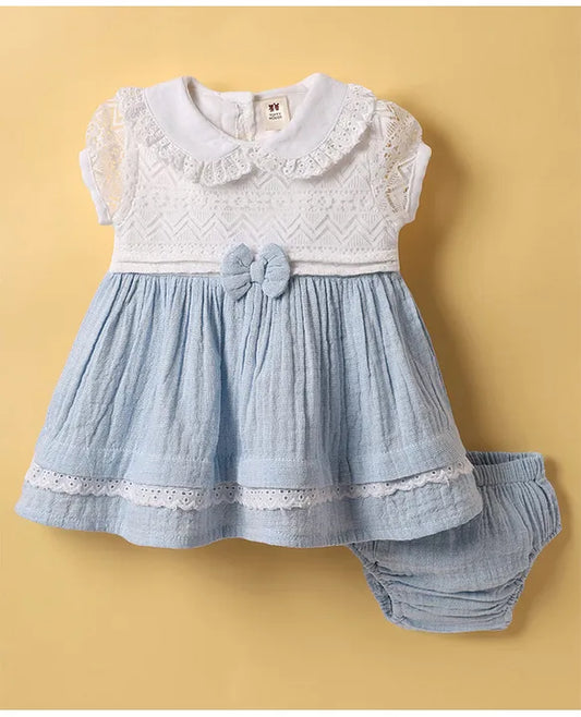 ToffyHouse Cotton Woven Sleeveless Layered Solid Color Frock with Floral Applique - Light Blue