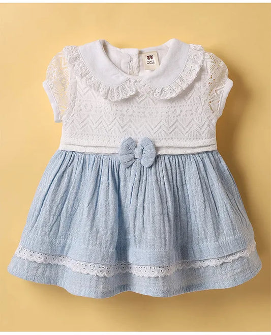 ToffyHouse Cotton Woven Sleeveless Layered Solid Color Frock with Floral Applique - Light Blue