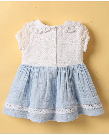 ToffyHouse Cotton Woven Sleeveless Layered Solid Color Frock with Floral Applique - Light Blue