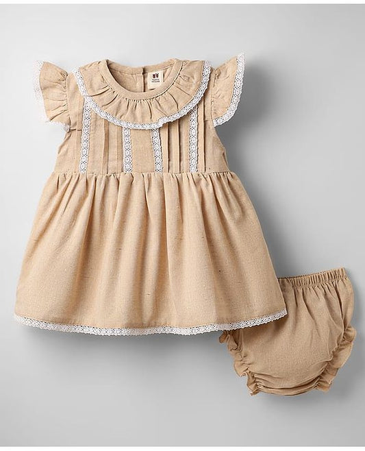 ToffyHouse Frill Sleeves Solid Color Frock With Bloomer - Tan