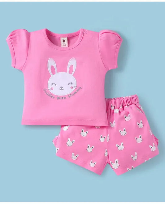 ToffyHouse Cotton Knit Half Sleeves Top & Shorts Set with Bunny Print - Pink