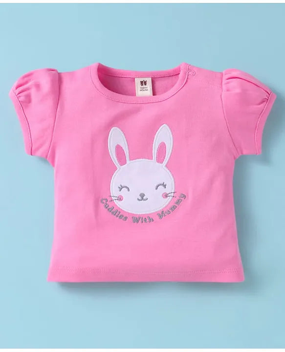 ToffyHouse Cotton Knit Half Sleeves Top & Shorts Set with Bunny Print - Pink