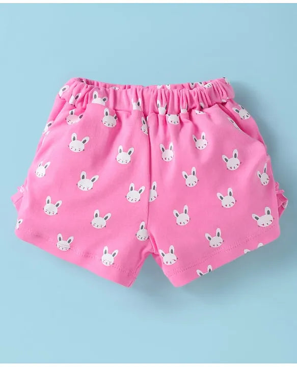ToffyHouse Cotton Knit Half Sleeves Top & Shorts Set with Bunny Print - Pink