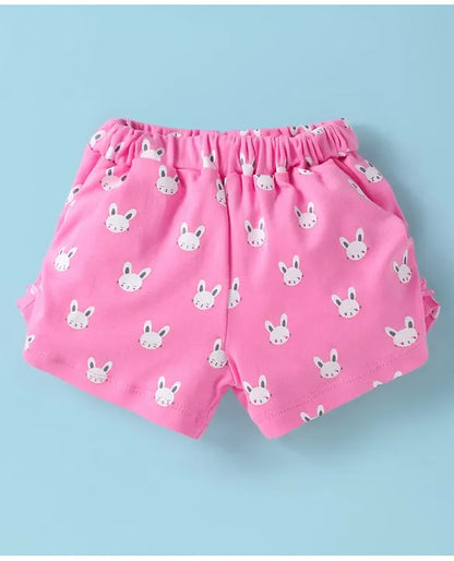 ToffyHouse Cotton Knit Half Sleeves Top & Shorts Set with Bunny Print - Pink