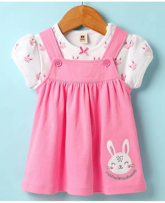 ToffyHouse Woven Frock & Half Sleeves Inner Tee With Bunny Print - Pink & White