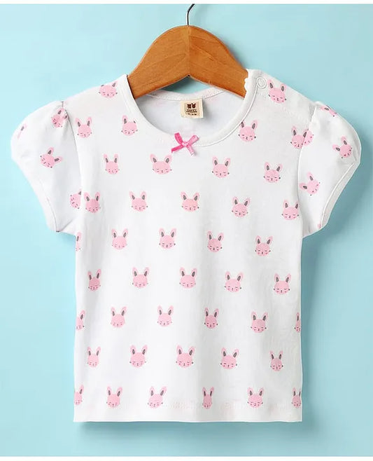 ToffyHouse Woven Frock & Half Sleeves Inner Tee With Bunny Print - Pink & White