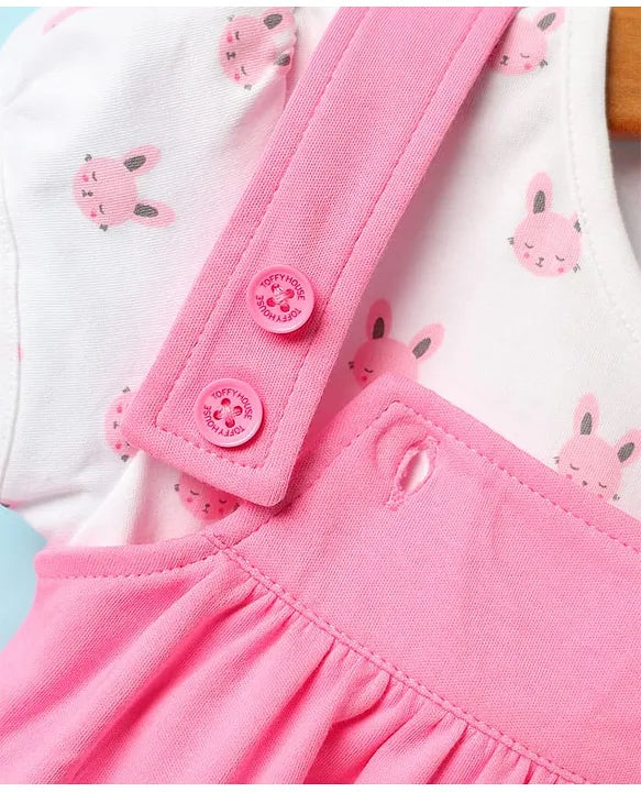 ToffyHouse Woven Frock & Half Sleeves Inner Tee With Bunny Print - Pink & White
