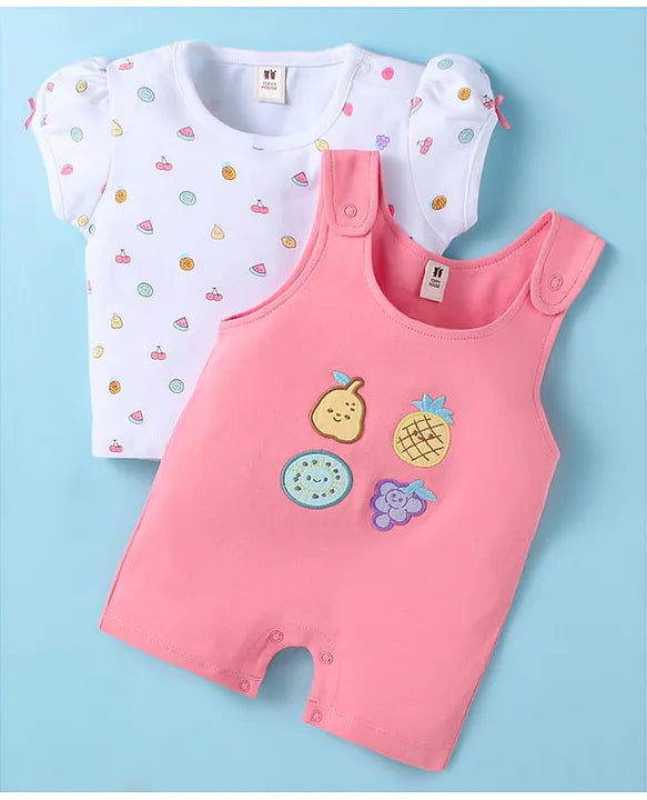 ToffyHouse Cotton Knit Half Sleeves Dungaree Style Romper & T-Shirt with Tropical Print - Pink & White