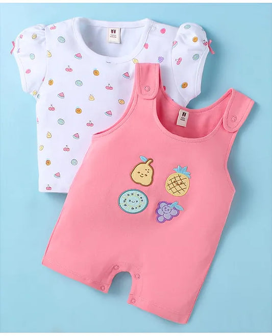 ToffyHouse Cotton Knit Half Sleeves Dungaree Style Romper & T-Shirt with Tropical Print - Pink & White
