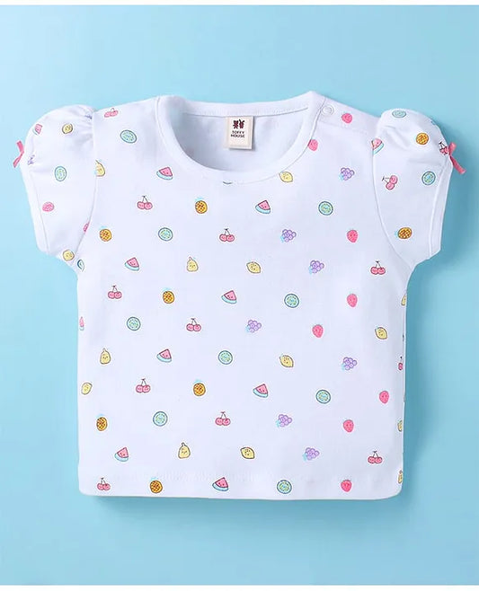 ToffyHouse Cotton Knit Half Sleeves Dungaree Style Romper & T-Shirt with Tropical Print - Pink & White