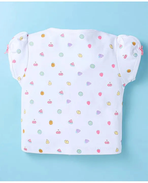 ToffyHouse Cotton Knit Half Sleeves Dungaree Style Romper & T-Shirt with Tropical Print - Pink & White