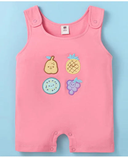 ToffyHouse Cotton Knit Half Sleeves Dungaree Style Romper & T-Shirt with Tropical Print - Pink & White