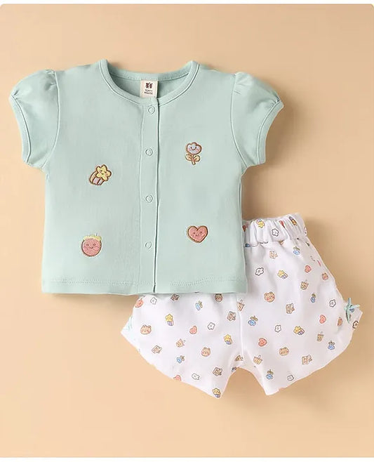 ToffyHouse Woven Half Sleeves Front Open Top & Printed Shorts Set With Patch Detailing - Mint & White
