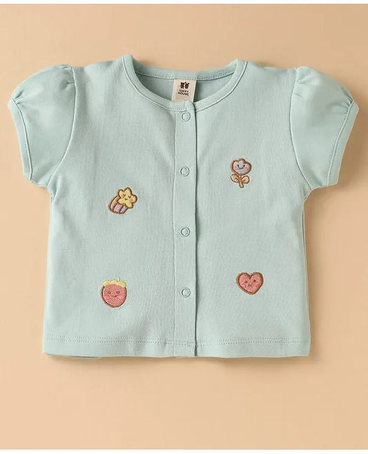 ToffyHouse Woven Half Sleeves Front Open Top & Printed Shorts Set With Patch Detailing - Mint & White