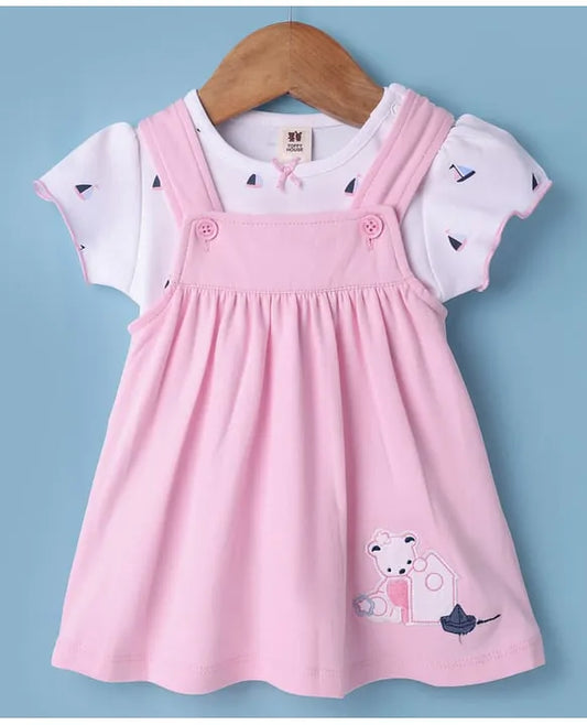 ToffyHouse Cotton Woven Frock & Half Sleeves Inner Tee With Boat Print & Animal Embroidery - Pink