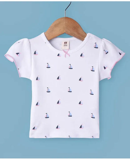 ToffyHouse Cotton Woven Frock & Half Sleeves Inner Tee With Boat Print & Animal Embroidery - Pink
