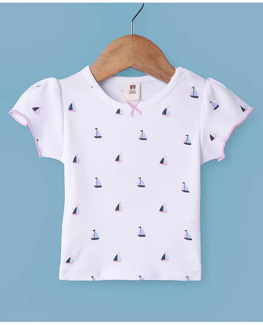 ToffyHouse Cotton Woven Frock & Half Sleeves Inner Tee With Boat Print & Animal Embroidery - Pink