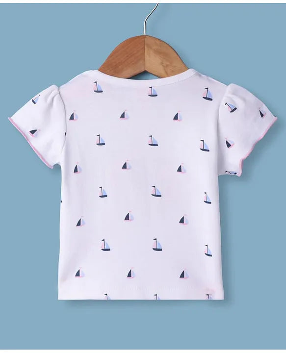 ToffyHouse Cotton Woven Frock & Half Sleeves Inner Tee With Boat Print & Animal Embroidery - Pink