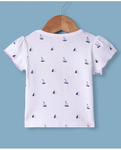 ToffyHouse Cotton Woven Frock & Half Sleeves Inner Tee With Boat Print & Animal Embroidery - Pink