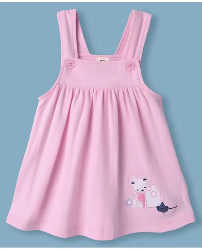 ToffyHouse Cotton Woven Frock & Half Sleeves Inner Tee With Boat Print & Animal Embroidery - Pink