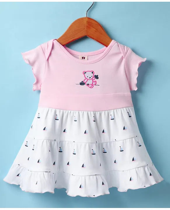 ToffyHouse Woven Half Sleeves Frock With Boat Print & Teddy Bear Embroidery - Pink & White