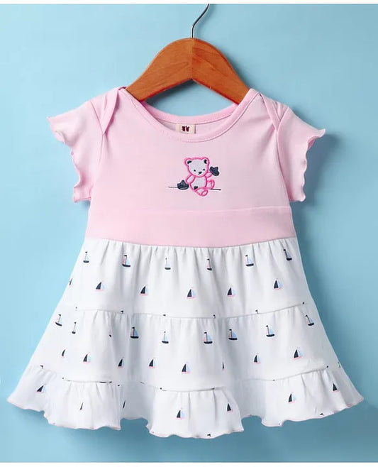 ToffyHouse Woven Half Sleeves Frock With Boat Print & Teddy Bear Embroidery - Pink & White