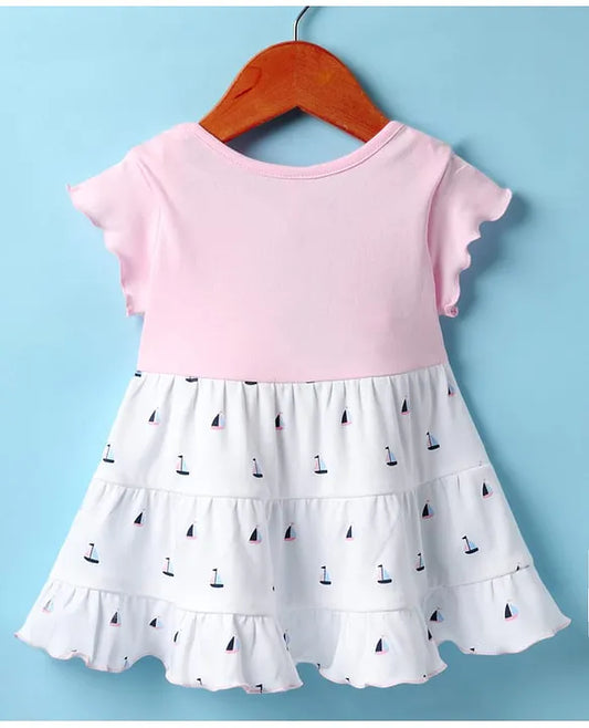 ToffyHouse Woven Half Sleeves Frock With Boat Print & Teddy Bear Embroidery - Pink & White