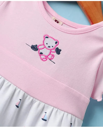 ToffyHouse Woven Half Sleeves Frock With Boat Print & Teddy Bear Embroidery - Pink & White