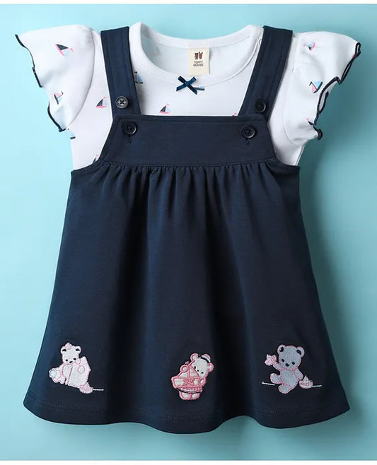 ToffyHouse Knitted Animal Printed & Embroidered Frock with Half Sleeves Inner Tee - White & Navy Blue