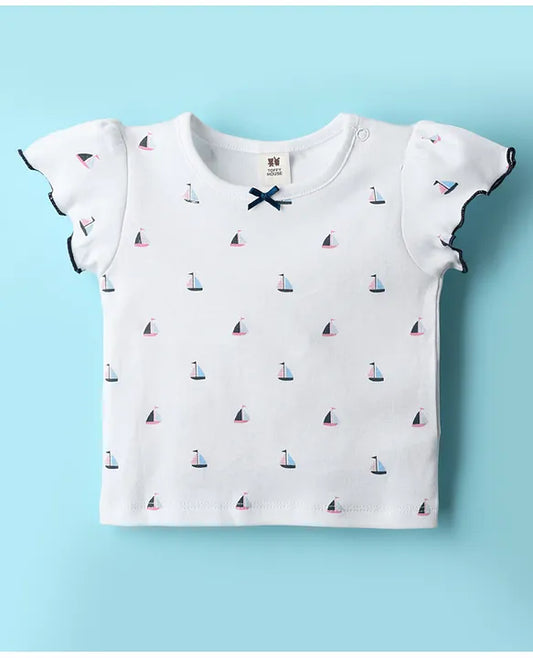 ToffyHouse Knitted Animal Printed & Embroidered Frock with Half Sleeves Inner Tee - White & Navy Blue