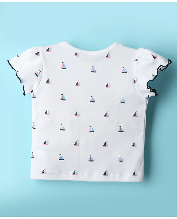 ToffyHouse Knitted Animal Printed & Embroidered Frock with Half Sleeves Inner Tee - White & Navy Blue