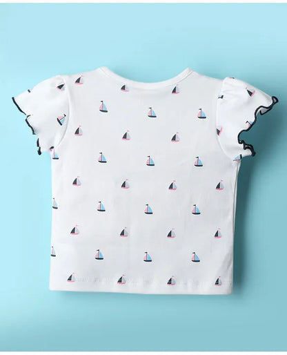 ToffyHouse Knitted Animal Printed & Embroidered Frock with Half Sleeves Inner Tee - White & Navy Blue