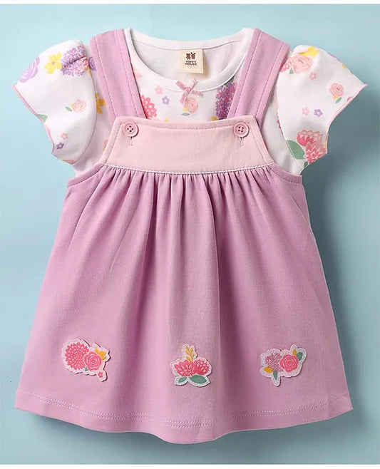 ToffyHouse Woven Frock & Half Sleeves Inner Tee With Floral Print & Patch - Lilac & White