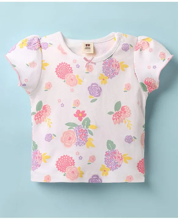 ToffyHouse Woven Frock & Half Sleeves Inner Tee With Floral Print & Patch - Lilac & White