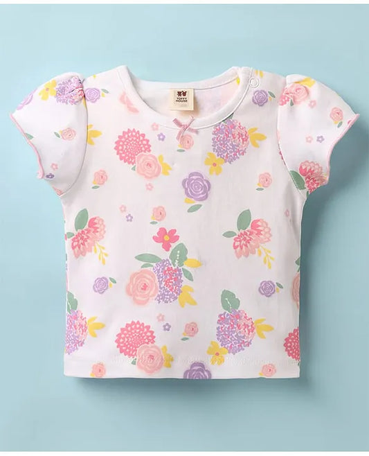 ToffyHouse Woven Frock & Half Sleeves Inner Tee With Floral Print & Patch - Lilac & White