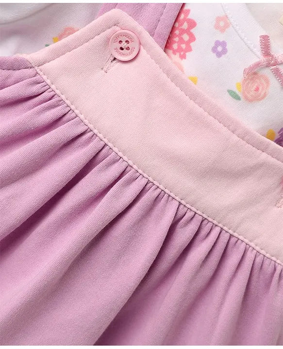 ToffyHouse Woven Frock & Half Sleeves Inner Tee With Floral Print & Patch - Lilac & White