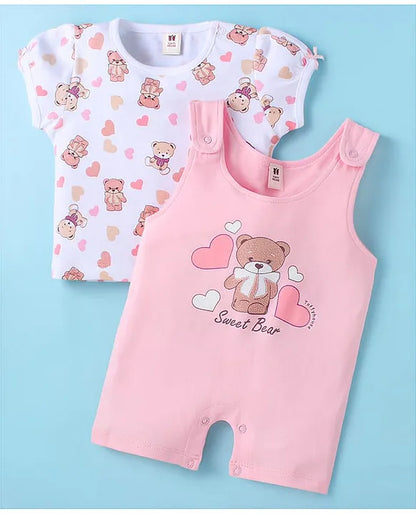 ToffyHouse Cotton Knit Half Sleeves Dungaree Style Romper & T-Shirt with Bear Print - Pink & White