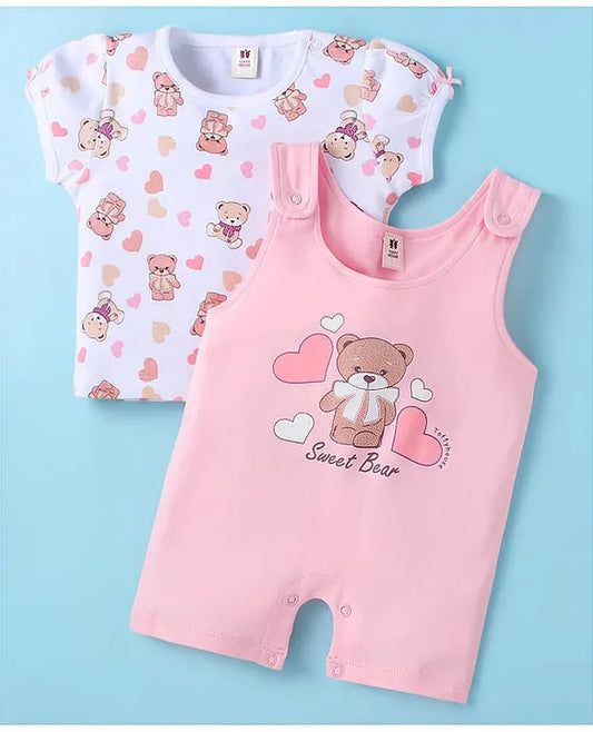 ToffyHouse Cotton Knit Half Sleeves Dungaree Style Romper & T-Shirt with Bear Print - Pink & White