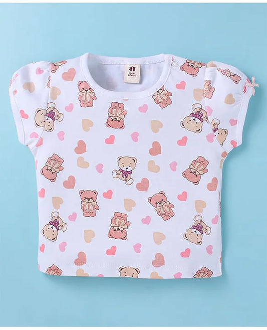 ToffyHouse Cotton Knit Half Sleeves Dungaree Style Romper & T-Shirt with Bear Print - Pink & White
