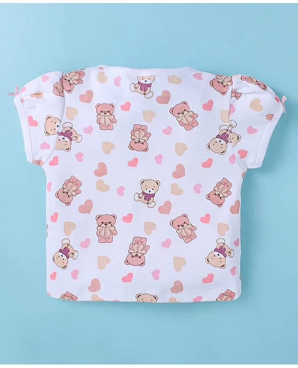 ToffyHouse Cotton Knit Half Sleeves Dungaree Style Romper & T-Shirt with Bear Print - Pink & White