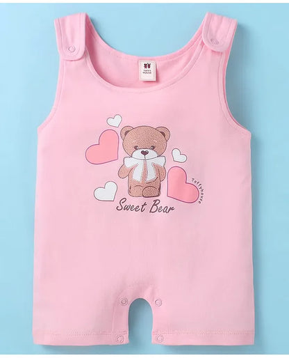 ToffyHouse Cotton Knit Half Sleeves Dungaree Style Romper & T-Shirt with Bear Print - Pink & White