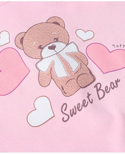 ToffyHouse Cotton Knit Half Sleeves Dungaree Style Romper & T-Shirt with Bear Print - Pink & White