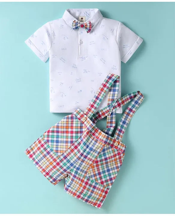 ToffyHouse Cotton Knit Half Sleeves Text Printed T-Shirt & Checkered Shorts Set with Bow & Attached Suspender - White