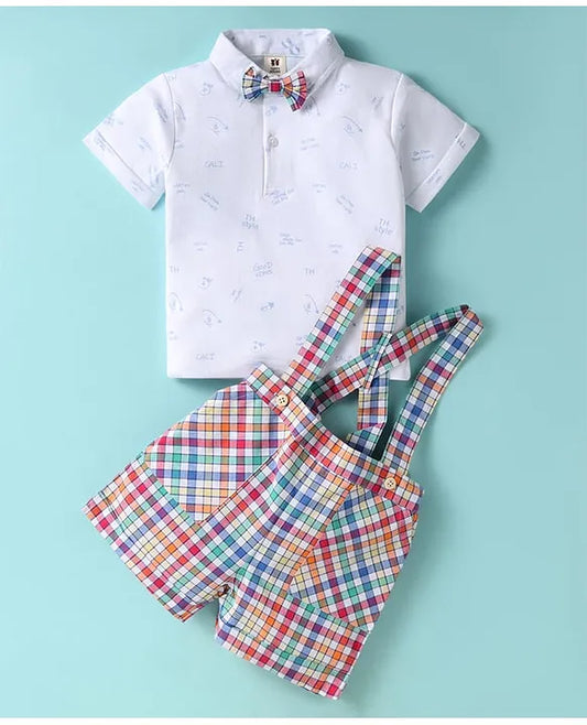 ToffyHouse Cotton Knit Half Sleeves Text Printed T-Shirt & Checkered Shorts Set with Bow & Attached Suspender - White