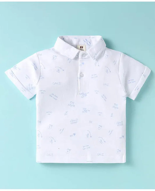 ToffyHouse Cotton Knit Half Sleeves Text Printed T-Shirt & Checkered Shorts Set with Bow & Attached Suspender - White