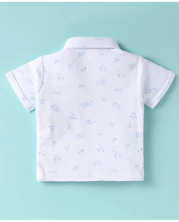 ToffyHouse Cotton Knit Half Sleeves Text Printed T-Shirt & Checkered Shorts Set with Bow & Attached Suspender - White